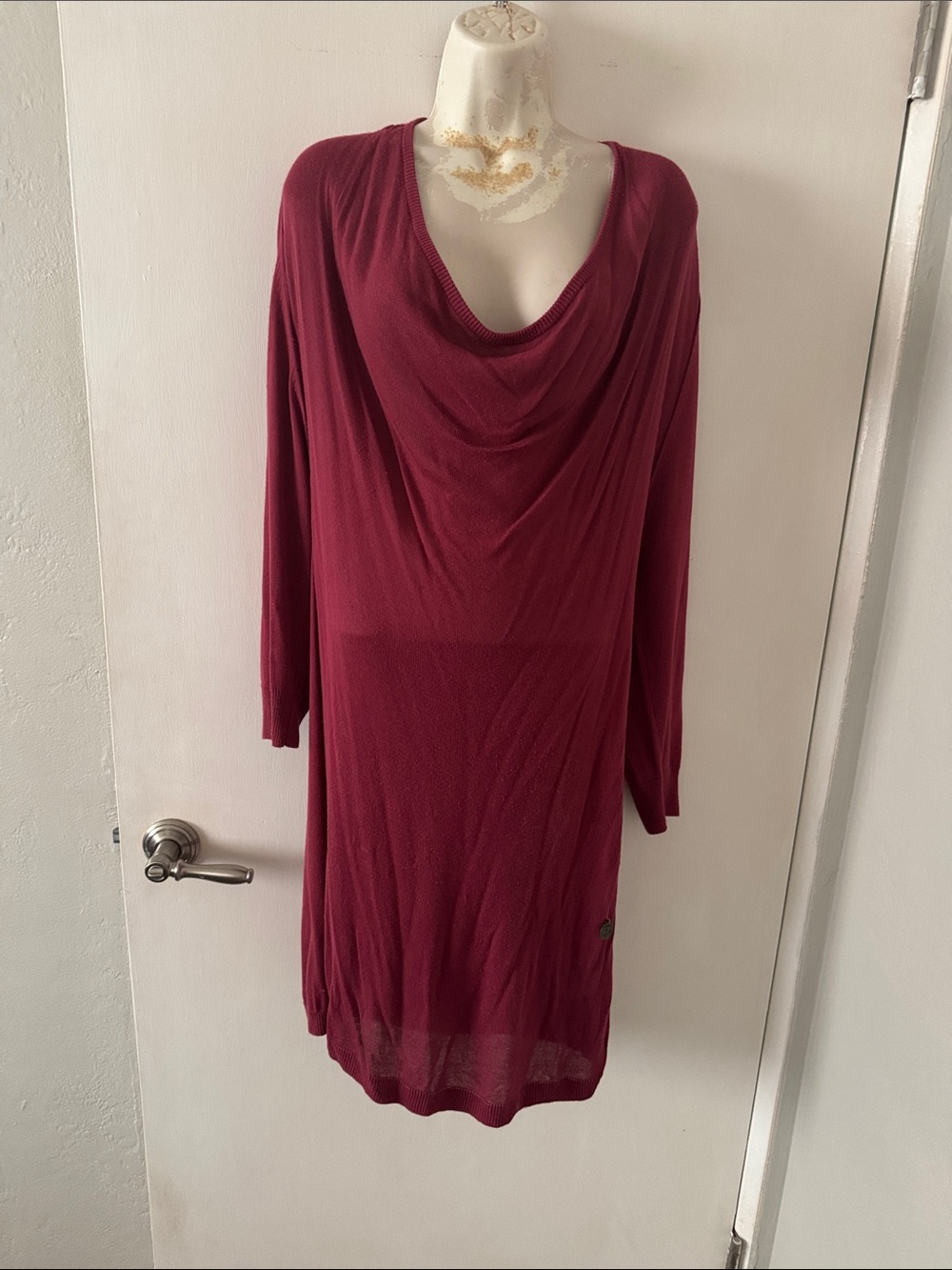 Draped Neck Long-Sleeve Dress in Wine See  by Chloe knit dress